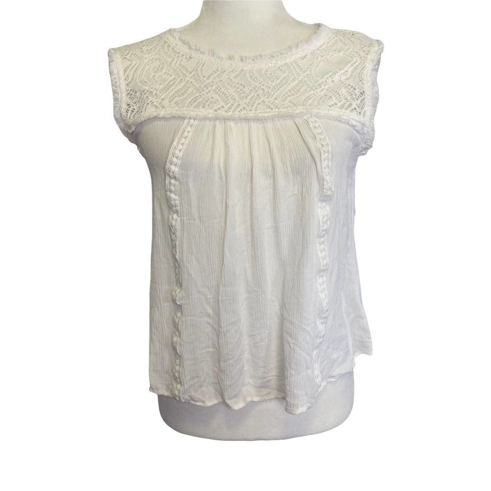 always Indigo White Boho Fringe Edge Sleeveless Top Size S